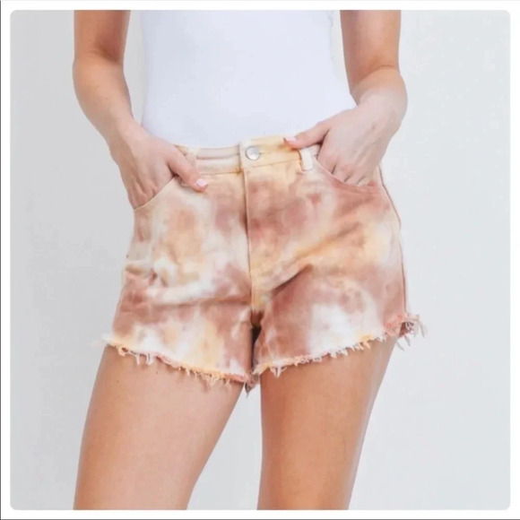 Boho Tie-Dye Denim Shorts | Frayed Hem High Rise Jean Shorts - Picture 4 of 5
